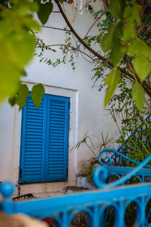 greece architecture white wall and blue window copy spaceの写真素材