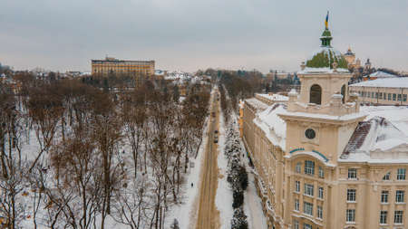 aerial view of winter lviv city center copy spaceの写真素材