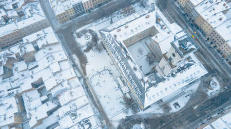 aerial view lviv city at winter misty day copy space