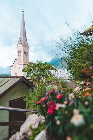 panoramic view of hallstatt village austria copy space