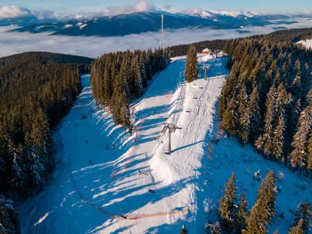 aerial view of ukrainian ski resort in carpathian mountains