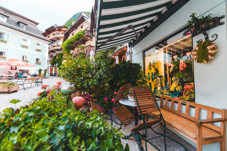 view of cafe at hallstatt central squareの写真素材