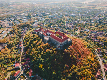 aerial view of palanok castle autumn seasonの写真素材