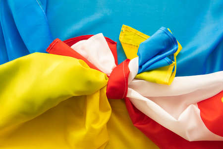 Poland ukrainian political relationship country flags close upの写真素材