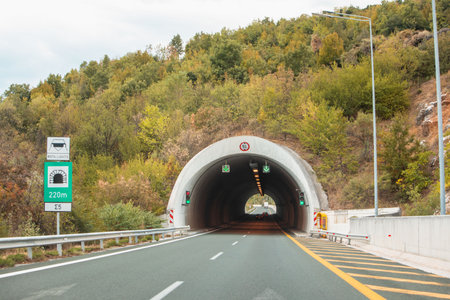 tunnel road in greece mountains copy spaceの写真素材