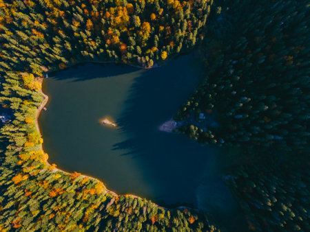 aerial view of carpathian lake autumn season copy spaceの写真素材