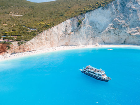 aerial view of porto katsiki beach with cruise boat people having fun swimming jumping Greece summer vacationの写真素材