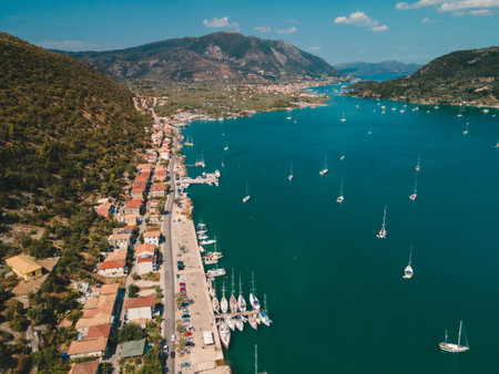 overhead view of harbor with yachts and boats at Lefkada islandの写真素材
