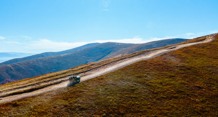 aerial view of off road attraction road to the top of carpathian mountainsの写真素材