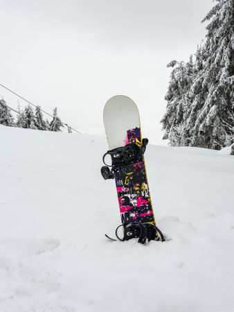 snowboard stick out from the snowの写真素材