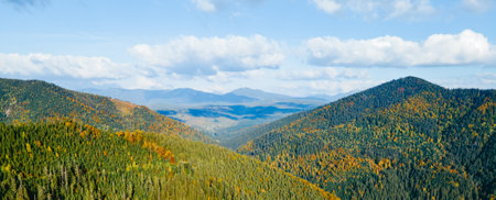 aerial landscape view of autumn carpathian mountainsの写真素材