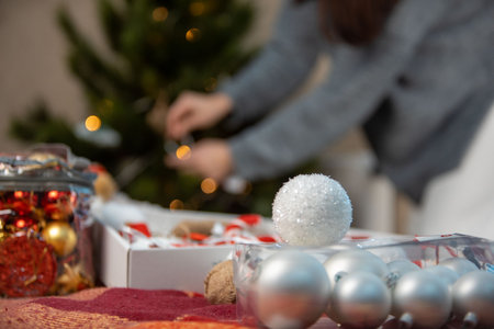 decorating christmas tree insideの写真素材