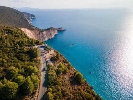 aerial view of car moving by road at Lefkada island