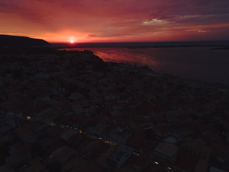 sunset above lefkada townの写真素材