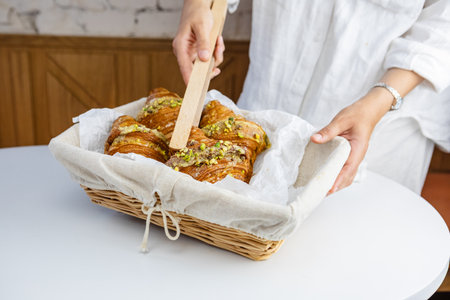 A woman takes a croissant out of a basket with wooden spikes