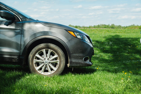 a gray car parked on a green lawnの写真素材
