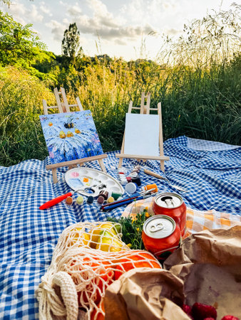 Engaging in artistic pursuits during a picnic in the park.の写真素材