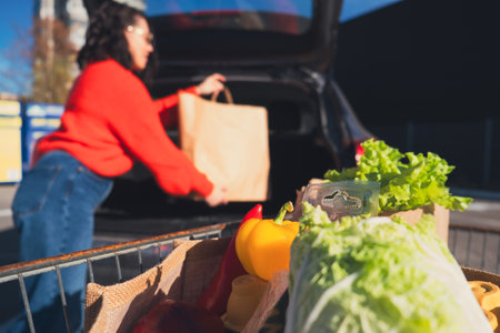 woman put packages in car trunkの写真素材