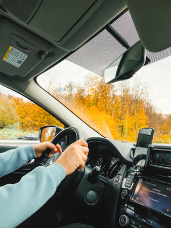 road trip concept man driving car by highway inside view