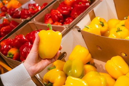hand taking salad pepper from grocery store shelfの写真素材