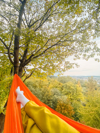 pov woman sitting on hammock looking at autumn forestの写真素材