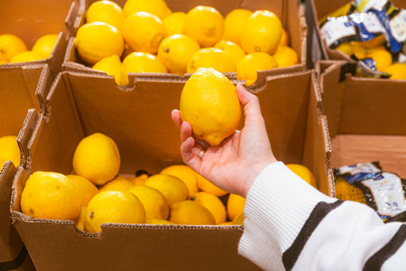 hand taking lemon from grocery store shelfの写真素材