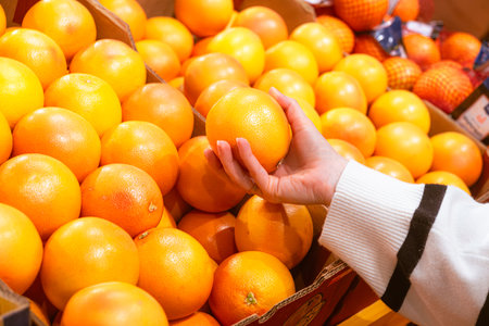 hand taking grapefruit from grocery store shelfの写真素材