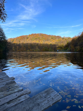 Man Paddleboarding in Autumn Lake