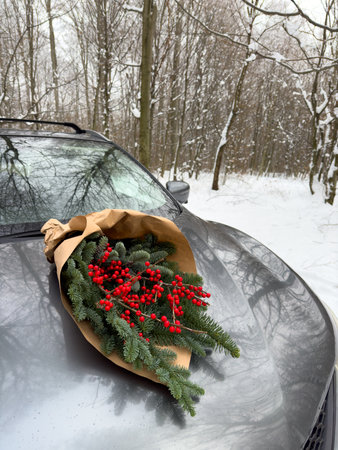 Evergreen Bouquet on Car in Snowy Forestの写真素材