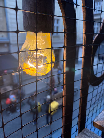 Glowing Light Bulb Behind Wire Meshの写真素材