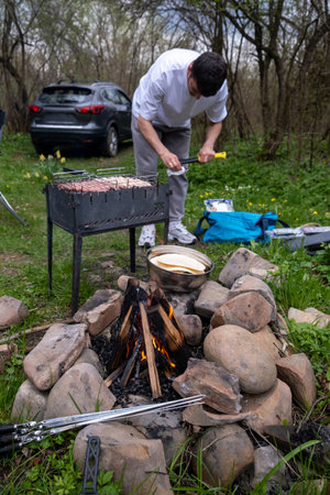 Outdoor Grilling and Camping in the Forestの写真素材