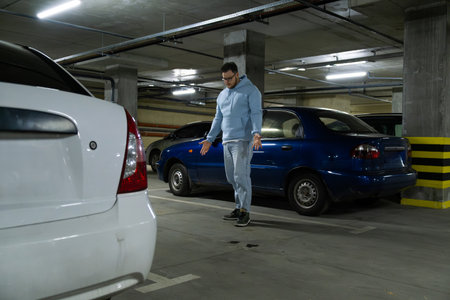 Person in Underground Parking Garageの写真素材