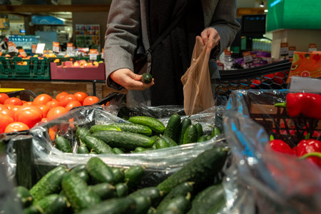 Person Selecting Cucumbers in Grocery Storeの写真素材