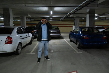 Person in Underground Parking Garageの写真素材