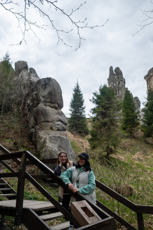 Women Enjoying Nature on a Staircaseの写真素材