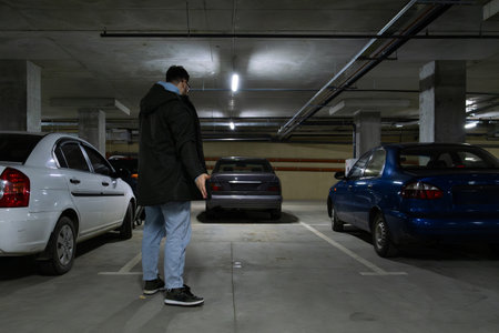 Person in Underground Parking Garageの写真素材