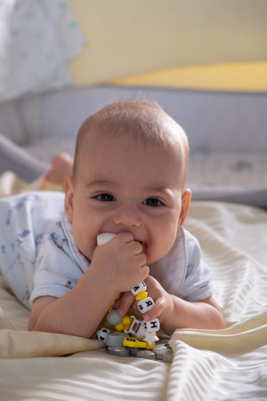 Happy Baby Playing with Toys on a Blanketの写真素材