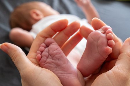 Tender Moment: Adult Hands Holding Newborn Baby Feetの写真素材