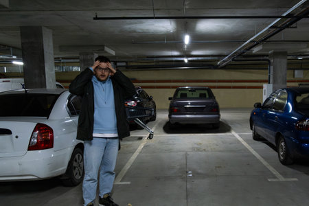 Person in Underground Parking Garageの写真素材