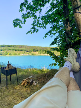 Relaxing Lakeside Camping with Barbecueの写真素材