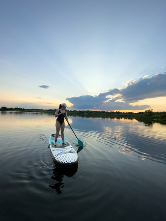 Paddleboarding at Sunset on a Tranquil Lakeの写真素材