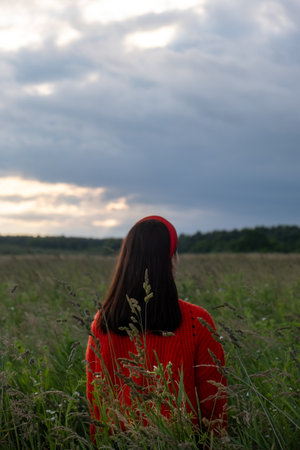 Woman in Red Sweater in Grassy Fieldの写真素材