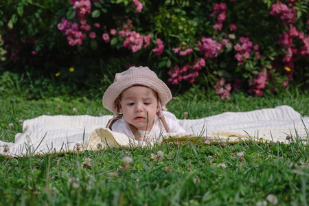 Child Lying on Blanket Surrounded by Pink Flowersの写真素材