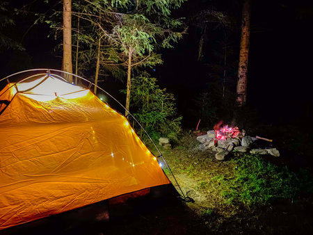 Night Camping with Tent and Campfire in Forestの写真素材