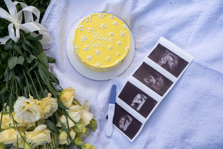 Gender Reveal Cake with Ultrasound and Flowersの写真素材