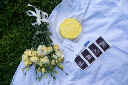 Gender Reveal Cake with Ultrasound and Flowersの写真素材