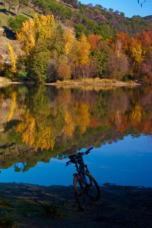 rio river alberche autumn trees leaves nature viewの写真素材