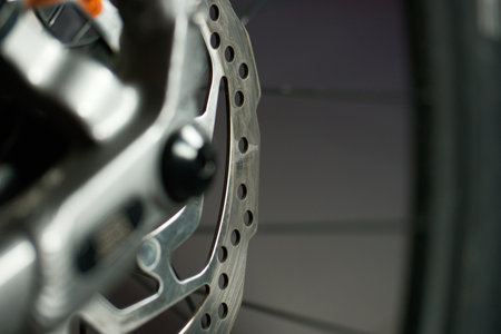 Close up of the brake disc of a modern mountain bike. selective focus.の写真素材