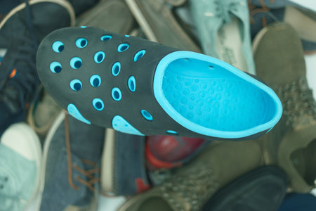 Sneakers on sale in a flea market, closeup of photoの写真素材