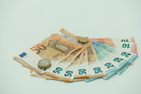 Euro money banknotes and coins - soft focus with vintage filter effectの写真素材